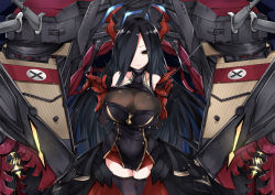 Rule 34 | 1girl, azur lane, conductor baton, black dress, black hair, black thighhighs, breasts, cleavage, covered navel, cowboy shot, dress, floating hair, friedrich der grosse (azur lane), gauntlets, gloves, hair over one eye, highres, horn ornament, horns, large breasts, long hair, looking at viewer, mecha, mutou mame, red gloves, rigging, robot, short dress, smile, solo, straight hair, taut clothes, thighhighs, thighs, turret, yellow eyes, zettai ryouiki