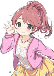 Rule 34 | 1girl, blush, breasts, character name, closed mouth, collarbone, cowboy shot, eyelashes, frilled skirt, frills, hair ornament, hair scrunchie, high ponytail, idolmaster, idolmaster cinderella girls, jewelry, kuresuku (lessons), light smile, long sleeves, looking at viewer, necklace, ok sign, open clothes, open shirt, pink shirt, plaid, plaid shirt, purple eyes, red hair, scrunchie, shiina noriko, shirt, sidelocks, simple background, skirt, small breasts, solo, swept bangs, white background, yellow shirt