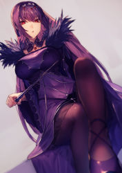Rule 34 | 1girl, breasts, cleavage, covered navel, detached collar, dress, fate/grand order, fate (series), fur trim, genyaky, highres, jewelry, knee up, large breasts, long hair, looking at viewer, open mouth, pantyhose, pendant, purple dress, purple hair, red eyes, scathach (fate), scathach skadi (fate), simple background, sitting, solo, tiara, wand