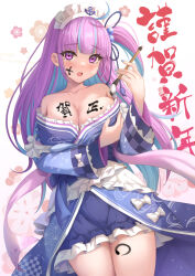 Rule 34 | 1girl, :o, ahoge, anchor symbol, blue hair, blue kimono, blue nails, blush, body writing, bodypaint, breast hold, breasts, calligraphy brush, cleavage, collarbone, commentary request, cowboy shot, facepaint, floral background, frilled kimono, frills, hair ribbon, highres, holding, holding brush, holding paintbrush, hololive, japanese clothes, keikei (kitty colors), kimono, kimono pull, large breasts, long hair, long sleeves, looking at viewer, maid headdress, minato aqua, minato aqua (new year), multicolored hair, nail polish, one side up, open mouth, paintbrush, purple eyes, purple hair, purple ribbon, ribbon, solo, translated, two-tone hair, very long hair, virtual youtuber, white background