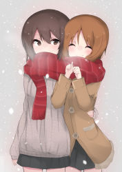 Rule 34 | 10s, 2girls, arm around waist, blush, brown eyes, brown hair, coat, doorknoble, closed eyes, girls und panzer, happy, highres, multiple girls, nishizumi maho, nishizumi miho, scarf, shared clothes, shared scarf, short hair, siblings, simple background, sisters, skirt, sleeves past wrists, smile, snow, sweater