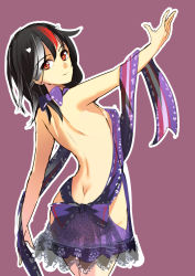 Rule 34 | 1girl, alternate costume, ass, backless dress, backless outfit, bad id, bad nicoseiga id, bare back, black hair, bow, breasts, brown background, butt crack, cibo (killy), cowboy shot, dress, from behind, from side, highres, hip vent, horns, kijin seija, looking at viewer, looking back, maroon background, multicolored hair, no panties, outline, outstretched arm, red eyes, red hair, revealing clothes, see-through, short hair, sideboob, silver hair, simple background, skirt, small breasts, smile, solo, streaked hair, touhou