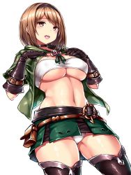 Rule 34 | 10s, 1girl, black gloves, black thighhighs, blush, bra, breasts, brown eyes, brown hair, choker, cowboy shot, crotch seam, djeeta (granblue fantasy), female focus, gloves, gluteal fold, granblue fantasy, hairband, highres, large breasts, navel, open mouth, panties, pouch, simple background, solo, strapless, strapless bra, thief (granblue fantasy), thighhighs, tsukumiya amane, underboob, underwear, white background, white bra, white panties