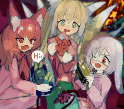 Rule 34 | 3girls, absurdres, animal ear fluff, animal ears, arknights, blonde hair, christmas, christmas present, commentary request, eyepatch, fox ears, fox girl, fox tail, gift, green eyes, hame ana zpoo, highres, holding, kitsune, kyuubi, metal crab (arknights), multiple girls, multiple tails, open mouth, popukar (arknights), red eyes, red hair, shamare (arknights), suzuran (arknights), tail