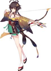 Rule 34 | 1girl, antenna hair, arrow (projectile), artist request, bare shoulders, bow (weapon), bra, brown hair, edoshiyakata (oshiro project), full body, green skirt, hakama, hakama short skirt, hakama skirt, holding, holding arrow, holding bow (weapon), holding weapon, japanese clothes, kimono, long hair, low-tied long hair, official art, oshiro project:re, pleated skirt, purple bra, sandals, seigaiha, skirt, solo, transparent background, underwear, weapon, zouri