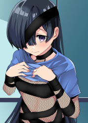 Rule 34 | 1girl, absurdres, arts shirt, bandage over one eye, black bandages, black hair, blush, bodysuit, breasts, clothes lift, eyepatch, fate/grand order, fate (series), fishnet bodysuit, fishnets, hair over one eye, highres, long hair, looking at viewer, mochizuki chiyome (fate), purple eyes, shirt lift, small breasts, solo, tanuki (siutkm0228), upper body, very long hair