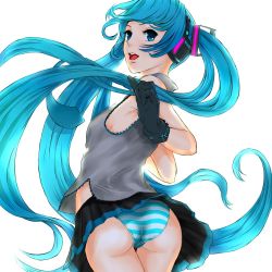 Rule 34 | 1girl, aqua eyes, aqua hair, ass, bad id, bad pixiv id, from behind, gloves, hatsune miku, headphones, long hair, looking back, necktie, ntw-20 (artist), open mouth, panties, pantyshot, simple background, skirt, solo, striped clothes, striped panties, twintails, underwear, upskirt, very long hair, vocaloid, white background