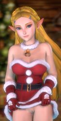 Rule 34 | 1girl, 3d, bare shoulders, blonde hair, bottomless, braid, clothes lift, long hair, looking at viewer, nintendo, pointy ears, princess zelda, pussy, santa costume, skirt, skirt lift, solo, the legend of zelda, the legend of zelda: breath of the wild, thighs, woozysfm