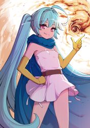 Rule 34 | 1girl, ahoge, bare shoulders, belt, blue hair, breasts, cloak, closed mouth, cowboy shot, dragon quest, dragon quest iii, dress, elbow gloves, fire, gloves, hanauna, long hair, looking at viewer, pink eyes, sage (dq3), small breasts, solo, strapless, very long hair, white dress, yellow gloves