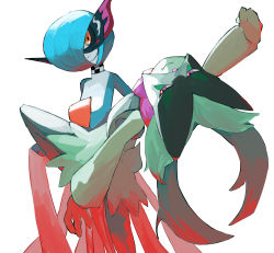 Rule 34 | 2others, absurdres, alternate color, animal nose, arm around back, arm up, blue hair, blue skin, bob cut, body fur, cat tail, choker, closed mouth, colored skin, creatures (company), dancing, eye contact, fang, fang out, furry, game freak, gardevoir, gen 3 pokemon, green fur, grey fur, hair over one eye, half-closed eyes, happy, highres, leaning back, leg up, looking at another, mask, masquerade mask, meowscarada, multicolored skin, multiple others, nintendo, one eye covered, orange eyes, other focus, outstretched arm, pokemon, pokemon (creature), raku (ff zw7), red eyes, shiny pokemon, short hair, simple background, smile, standing, standing on one leg, tail, two-tone fur, two-tone skin, white background, white skin