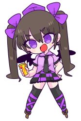 Rule 34 | 1girl, black wings, brown hair, camera, cellphone, checkered clothes, checkered skirt, geta, hair ribbon, hat, highres, himekaidou hatate, long hair, necktie, op na yarou, open mouth, phone, pointy ears, pom pom (clothes), purple ribbon, purple shirt, ribbon, shirt, simple background, skirt, smile, solo, tengu-geta, tokin hat, touhou, twintails, white background, wings