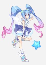 Rule 34 | 1girl, :3, ahoge, blue hair, blue skirt, boots, breasts, closed mouth, detached sleeves, frilled skirt, frills, full body, gradient hair, grey background, hair between eyes, hair ornament, highres, holding, holding wand, long hair, looking at viewer, magical girl, medium breasts, multicolored hair, original, pink hair, samei ikusa, shirt, simple background, skirt, smile, socks, solo, standing, standing on one leg, twintails, very long hair, wand, white shirt, white socks, wings