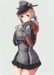 Rule 34 | 10s, 1girl, aqua eyes, blonde hair, blush, breasts, cowboy shot, curvy, gloves, grey background, hands on own chest, hat, highres, kantai collection, large breasts, long hair, looking at viewer, low twintails, md5 mismatch, microskirt, peaked cap, prinz eugen (kancolle), resized, skirt, smile, solo, standing, sumisu (mondo), twintails, white gloves, wide hips