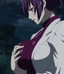 Rule 34 | 1girl, blush, grabbing another&#039;s breast, breasts, cleavage, covered erect nipples, grabbing, hair up, huge breasts, lab coat, large breasts, night, oikawa urada, open mouth, purple hair, screencap, seikon no qwaser, solo, stitched, third-party edit
