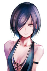 Rule 34 | 1girl, arm strap, bikini, bikini top only, black bikini, blue hair, breasts, cleavage, collarbone, front-tie bikini top, front-tie top, hair over one eye, looking at viewer, original, short hair, simple background, small breasts, solo, sushi (sashimise), swimsuit, upper body, white background, yellow eyes