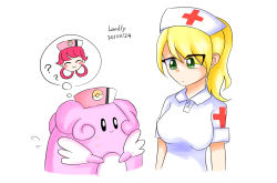 Rule 34 | 1girl, :/, ?, blissey, blonde hair, creatures (company), crossover, game freak, gen 2 pokemon, green eyes, hat, joy (pokemon), landly, looking at another, nintendo, nurse, nurse (terraria), nurse cap, pokemon, pokemon (anime), pokemon (creature), pokemon sm (anime), ponytail, terraria, thought bubble, upper body, white background