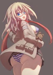 Rule 34 | 1girl, :d, as val (girls&#039; frontline), ass, bad id, bad pixiv id, bikini, blonde hair, breasts, brown background, girls&#039; frontline, glasses, highres, jacket, long hair, looking at viewer, open mouth, osobachan, pleated skirt, scarf, simple background, skirt, smile, solo, striped bikini, striped clothes, stuffed animal, stuffed toy, swimsuit, teddy bear, teeth