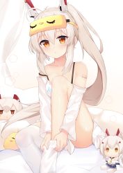 Rule 34 | 1girl, adjusting clothes, adjusting legwear, ass, ayanami (azur lane), ayanami (off-duty battle station gear) (azur lane), azur lane, bandaid, bandaid on arm, bare shoulders, bed, bed sheet, casual, character doll, collarbone, commentary request, hair between eyes, hair ornament, hairclip, half mask, headgear, kana (kuaua), long hair, looking at viewer, manjuu (azur lane), mask, mask on head, official alternate costume, orange eyes, parted lips, pillow, ponytail, retrofit (azur lane), shirt, sidelocks, silver hair, solo, white legwear, white shirt