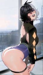 Rule 34 | 1girl, argyle, argyle clothes, argyle sleeves, ass, ass focus, back, black hair, blush, breasts, come hither, eyeshadow, green eyes, highres, leotard, looking back, makeup, multicolored hair, nyantcha, original, presenting, short hair, smile, split-color hair, sweater, thigh strap, thighs, two-tone hair, white hair, yorra villeneuve (nyantcha)