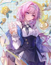 Rule 34 | 1girl, absurdres, black neckerchief, blue dress, blue eyes, bright pupils, bubble tea, casual, center frills, chinese commentary, collared shirt, commentary request, cowboy shot, cup, disposable cup, dotted background, dress, drinking straw, drop shadow, elysia (coco) (honkai impact), elysia (honkai impact), flower, frilled hairband, frills, from side, gradient eyes, green background, hair intakes, hairband, hand up, highres, holding, holding cup, honkai (series), honkai impact 3rd, long hair, looking at viewer, multicolored eyes, neckerchief, official alternate costume, parted lips, pinafore dress, pink eyes, pink hair, pink pupils, pointy ears, shirt, sleeveless, sleeveless dress, smile, solo, standing, tassel, white hairband, white shirt, yellow flower, yin01582942