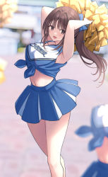 Rule 34 | 1girl, armpits, arms up, bare legs, blue shirt, blue skirt, blurry, blurry background, blush, bow, breasts, brown hair, cheerleader, feet out of frame, hair bow, hair intakes, holding, holding pom poms, large breasts, looking at viewer, nagidango, navel, original, pleated skirt, pom pom (cheerleading), pom poms, shirt, skirt, sleeveless, sleeveless shirt, smile, solo focus, tied shirt
