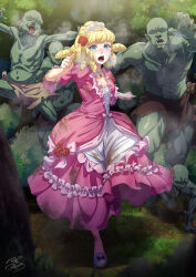 Rule 34 | 1girl, ajula wachula, blonde hair, blue eyes, chasing, cinderella, commission, dirty, dirty clothes, dress, drill hair, earrings, fleeing, flower, forest, goblin, hair flower, hair ornament, highres, imminent rape, jewelry, medium hair, multiple boys, muscular, muscular male, nature, open mouth, orc, pink dress, princess, princess dress, running, scared, skeb commission, tears, tiara