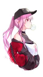 Rule 34 | 1girl, baseball cap, black hat, black jacket, blowing bubbles, blush, breasts, chewing gum, collarbone, commentary, crop top, crop top overhang, cropped torso, from side, half updo, hands in pockets, hat, highres, hololive, hololive english, jacket, jewelry, long hair, medium breasts, mori calliope, mori calliope (streetwear), multicolored clothes, multicolored jacket, necklace, off shoulder, official alternate costume, open clothes, open jacket, pink hair, ponytail, profile, red eyes, red jacket, see-through, simple background, skull print, solo, two-tone jacket, upper body, virtual youtuber, white background, yuyaiyaui