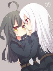 Rule 34 | &gt;:&lt;, 10s, 2girls, :&lt;, ?, ahoge, belt, black hair, black serafuku, black skirt, brown eyes, closed mouth, covering another&#039;s mouth, grey background, hand over another&#039;s mouth, kantai collection, kikuzuki (kancolle), long hair, long sleeves, mikazuki (kancolle), multiple girls, nagasioo, necktie, pleated skirt, red eyes, sailor collar, school uniform, serafuku, simple background, skirt, sweat, v-shaped eyebrows, white hair, white necktie