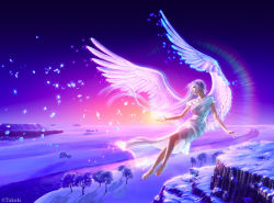 Rule 34 | 1girl, angel, angel wings, barefoot, dress, feathered wings, floating, large wings, lens flare, long hair, original, reaching, see-through, signature, snow, takashi mare, twilight, very long hair, white dress, white hair, wings