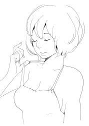 Rule 34 | 1girl, bare shoulders, breasts, camisole, cleavage, closed eyes, fingernails, greyscale, monochrome, original, shimura takako, short hair, simple background, solo, strap lift, upper body, white background