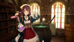 Rule 34 | 1girl, ahoge, atelier (series), atelier sophie, blush, brown eyes, brown hair, cauldron, corset, flask, game cg, holding, holding flask, jewelry, looking at viewer, necklace, noco (adamas), official art, round-bottom flask, short hair, smile, smoke, solo, sophie neuenmuller