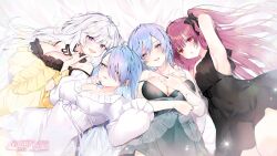 Rule 34 | 4girls, artery gear, artery gear: fusion, artist request, black eyes, black ribbon, blue eyes, blue hair, breasts, character request, cleavage, dress, grey hair, hair over one eye, hair ribbon, highres, large breasts, long hair, long sleeves, medium hair, multiple girls, official art, official wallpaper, pink eyes, purple eyes, red eyes, red hair, ribbon, see-through, sleeveless, white dress, yellow dress