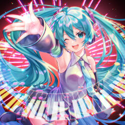 Rule 34 | 1girl, arm up, armpits, blue eyes, blue hair, blush, boots, collared shirt, detached sleeves, hair ornament, hatsune miku, headphones, headset, highres, long hair, long sleeves, looking at viewer, mizunozumi, musical note, nail polish, necktie, open mouth, piano keys, pleated skirt, reaching, reaching towards viewer, shirt, skirt, sleeveless, sleeveless shirt, smile, solo, standing, standing on one leg, thigh boots, twintails, very long hair, vocaloid