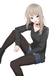 Rule 34 | 1girl, absurdres, black choker, black eyes, black footwear, black pantyhose, black sweater, blue shorts, boots, choker, commentary request, denim, denim shorts, feet out of frame, fingernails, girls band cry, highres, invisible chair, kawaragi momoka, knee up, light brown hair, long fingernails, long hair, long sleeves, looking at viewer, nail polish, open mouth, pantyhose, pink nails, ribbed sweater, shorts, simple background, sitting, sleeves past wrists, smile, solo, sweater, v-neck, white background, yao yang