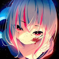 Rule 34 | 1girl, black background, blood, evil smile, face focus, gawr gura, highres, hololive, hololive english, multicolored hair, red eyes, red hair, smile, tail, the0neulost, two-tone hair, virtual youtuber, white hair