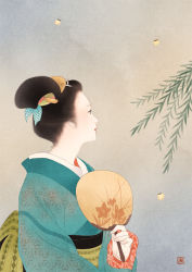 Rule 34 | 1girl, aqua kimono, black hair, bug, fireflies, hand fan, holding, holding fan, bug, japanese clothes, june mina, kimono, leaf, long sleeves, nihongami, obi, original, profile, sash, solo, upper body