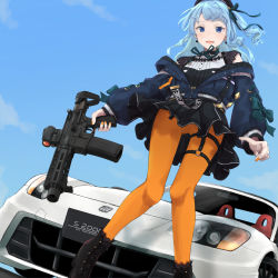 Rule 34 | 1girl, absurdres, ar-15, artist request, black footwear, black hat, black skirt, blue eyes, blue hair, blue jacket, boots, car, cross-laced footwear, earrings, from below, gun, hat, highres, holding, holding gun, holding weapon, hololive, honda, honda s2000, hoshimachi suisei, hoshimachi suisei (streetwear), jacket, jewelry, lace-up boots, long hair, long sleeves, looking at viewer, motor vehicle, nail polish, o-ring, o-ring thigh strap, one side up, open mouth, orange nails, orange pantyhose, pantyhose, print belt, rifle, skirt, smile, solo, star (symbol), star in eye, symbol in eye, thigh strap, trigger discipline, virtual youtuber, weapon