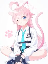 Rule 34 | 1girl, ahoge, animal ear fluff, animal ears, black footwear, black gloves, black skirt, blue archive, blue eyes, blue necktie, blush, cat ears, cat tail, closed mouth, collared shirt, commentary request, fingerless gloves, gloves, hair between eyes, halo, highres, hoshino (blue archive), k-d, long hair, long sleeves, necktie, one eye closed, pink hair, pink halo, pleated skirt, shirt, shoes, simple background, skirt, socks, solo, tail, white background, white shirt, white socks