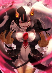 Rule 34 | 1girl, absurdres, animal hands, bird legs, black hair, black souls, breasts, claws, fangs, feathered wings, frills, gears, hair between eyes, harpy, head wings, heterochromia, highres, jubjub (black souls), kurobane444, large breasts, monster girl, multicolored hair, open mouth, red eyes, short hair, smile, solo, split-color hair, two-tone hair, white hair, wings, yellow eyes