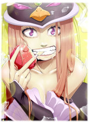 Rule 34 | 1girl, apple, bare shoulders, bird, black dress, brown hair, clenched teeth, commentary, dress, eating, english commentary, fangs, food, fruit, hat, long hair, long sleeves, looking at viewer, materclaws, mawaru penguindrum, penguin, princess of the crystal, purple eyes, ringed eyes, saliva, solo, teeth, upper body, yellow background