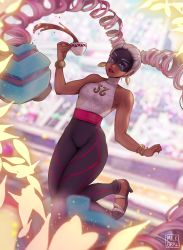 Rule 34 | 1girl, arms (game), arms up, artist name, bare shoulders, blurry, blurry background, bracelet, chilla (arms), coffee, coffee cup, cup, dark skin, dark-skinned female, day, depth of field, disposable cup, drill hair, earrings, eyebrows, glowing, high heels, highres, holding, holding cup, jewelry, lips, lipstick, long hair, looking at viewer, makeup, mask, milkgrrl, multicolored hair, pants, parted lips, petals, pink hair, silver hair, smile, solo, turtleneck, twin drills, twintails, twintelle (arms), two-tone hair, very long hair