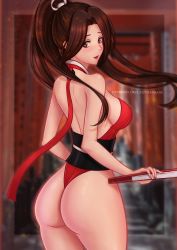 Rule 34 | 1girl, ass, bare shoulders, blush, breasts, brown eyes, brown hair, fan, fatal fury, female focus, folding fan, from behind, hair ornament, hand fan, highres, holding, holding fan, large breasts, lazymadmagic, long hair, looking at viewer, matching hair/eyes, nail polish, ninja, patreon username, ponytail, revealing clothes, shiny skin, shiranui mai, sideboob, smile, solo, the king of fighters, thong, watermark, web address