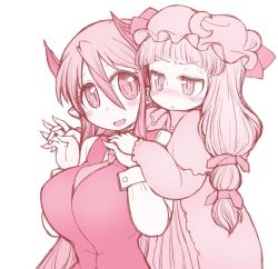 Rule 34 | 2girls, blunt bangs, blush, breasts, crescent, crescent hat ornament, dress, furrowed brow, hair between eyes, hat, hat ornament, head wings, highres, interlocked fingers, koakuma, large breasts, light frown, long hair, looking at another, mob cap, monochrome, multiple girls, nose blush, open mouth, patchouli knowledge, simple background, sotto, touhou, white background, wings