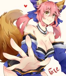 Rule 34 | 10s, 1girl, aasu (mhgbh510), animal ears, bell, neck bell, bow, breasts, cleavage, collar, detached sleeves, fate/extra, fate (series), fox ears, fox tail, hair bow, hair ribbon, heart, huge breasts, japanese clothes, pink hair, ribbon, smile, solo, tail, tamamo no mae (fate/extra), twintails, yellow eyes