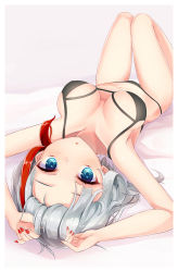 Rule 34 | 1girl, admiral graf spee (azur lane), azur lane, black bra, black panties, blue eyes, blush, bra, breasts, breasts apart, commentary request, highres, large breasts, looking at viewer, looking up, lying, multicolored hair, nail polish, navel, on back, osisio, panties, red hair, red nails, short hair, silver hair, solo, streaked hair, two-tone hair, underwear