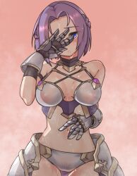 Rule 34 | 1girl, armor, arrow (symbol), bikini armor, blue eyes, blush, breasts, cleavage, embarrassed, female pubic hair, gauntlets, hand over face, jun (princess connect!), jun (summer) (princess connect!), kurushima gire, large breasts, looking at viewer, navel, official alternate costume, parted bangs, parted lips, princess connect!, pubic hair, purple hair, red background, see-through, simple background, sky, steam, stomach, sweat, swimsuit, wet, wet hair
