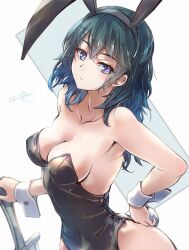 Rule 34 | 1girl, animal ears, black hair, black leotard, blue eyes, blue hair, breasts, byleth (female) (fire emblem), byleth (fire emblem), clear glass (mildmild1311), detached collar, fake animal ears, fake tail, fire emblem, fire emblem: three houses, hand on own hip, highres, leotard, looking at viewer, medium breasts, medium hair, multicolored hair, nintendo, playboy bunny, rabbit ears, rabbit tail, solo, strapless, sword, tail, watermark, weapon