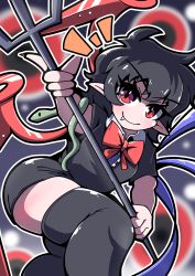 Rule 34 | 1girl, absurdres, asymmetrical wings, black dress, black hair, black thighhighs, blue wings, blurry, blurry background, blush, bow, bowtie, buttons, center frills, closed mouth, collared dress, commentary request, danmaku, dress, feet out of frame, frilled dress, frills, highres, holding, holding polearm, holding weapon, houjuu nue, looking at viewer, nail polish, notice lines, nue day, pointy ears, polearm, red bow, red bowtie, red eyes, red nails, red wings, short dress, short hair, short sleeves, smile, snake, solo, thighhighs, touhou, trident, weapon, wings, wizjuice