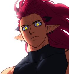Rule 34 | 1girl, absurdres, ali (sotcho), anger vein, black horns, crop top, dark-skinned female, dark skin, earrings, glowing, glowing eyes, high ponytail, highres, horns, jewelry, looking at viewer, muscular, muscular female, original, pointy ears, red hair, serious, slit pupils, sotcho, tank top, thick eyebrows, thick eyelashes, white background, yellow eyes