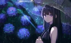Rule 34 | 1girl, black hair, commentary request, flower, from side, highres, holding, holding umbrella, hydrangea, long hair, looking at viewer, original, purple eyes, rain, sleeveless, solo, spider apple, umbrella